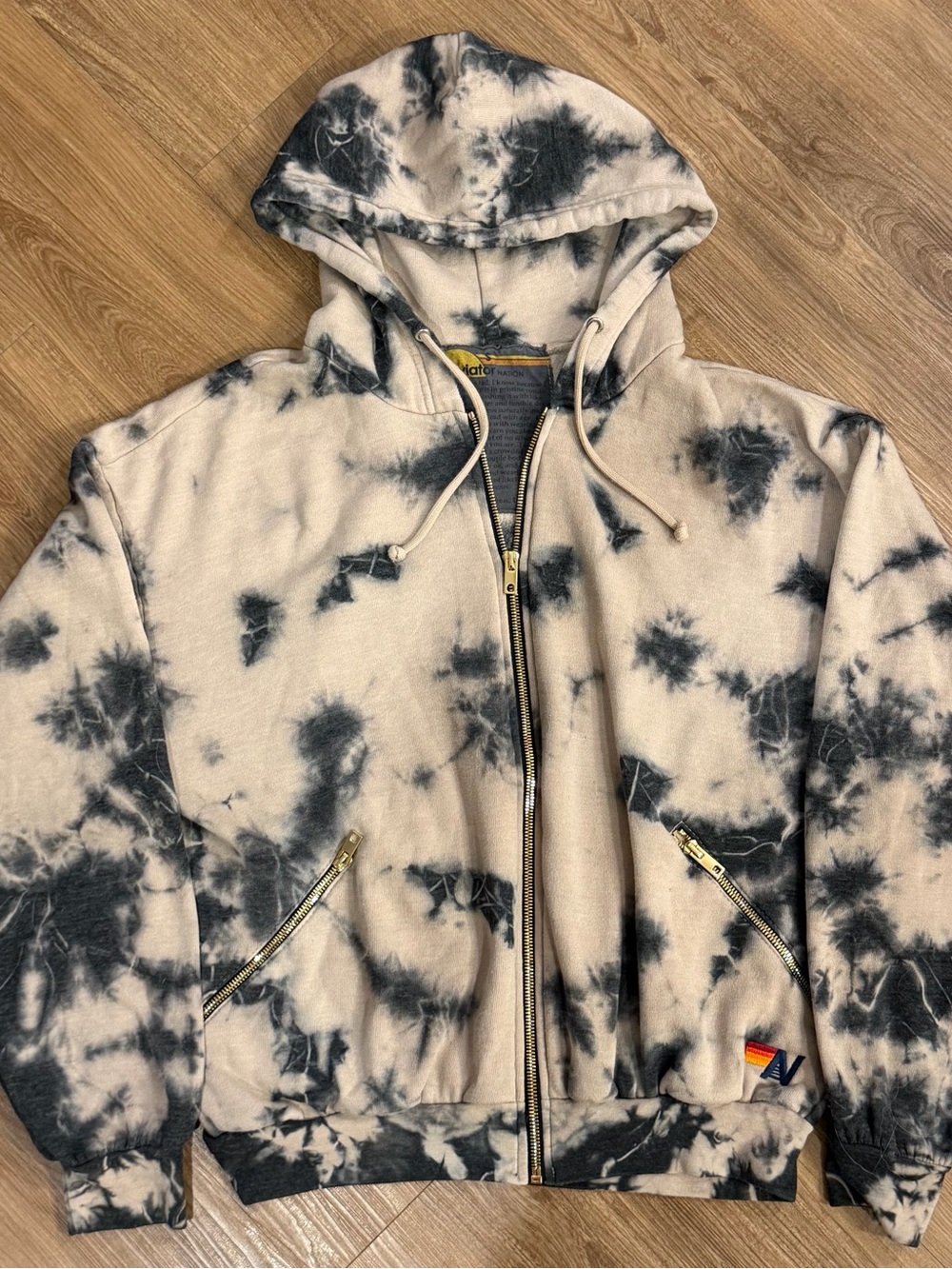 Aviator Nation Cream and Black Tie-Dye Zip Hoodie with Gold Zipper